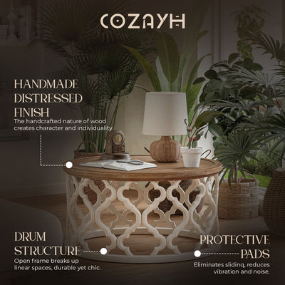 COZAYH Farmhouse Round Coffee Table, Distressed Wood Tray Top for Home, White (Open Box)