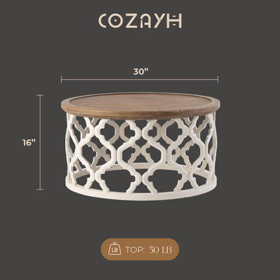 COZAYH Farmhouse Round Coffee Table, Distressed Wood Tray Top for Home, White