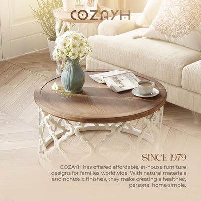 COZAYH Farmhouse Round Coffee Table, Distressed Wood Tray Top for Home, White (Open Box)