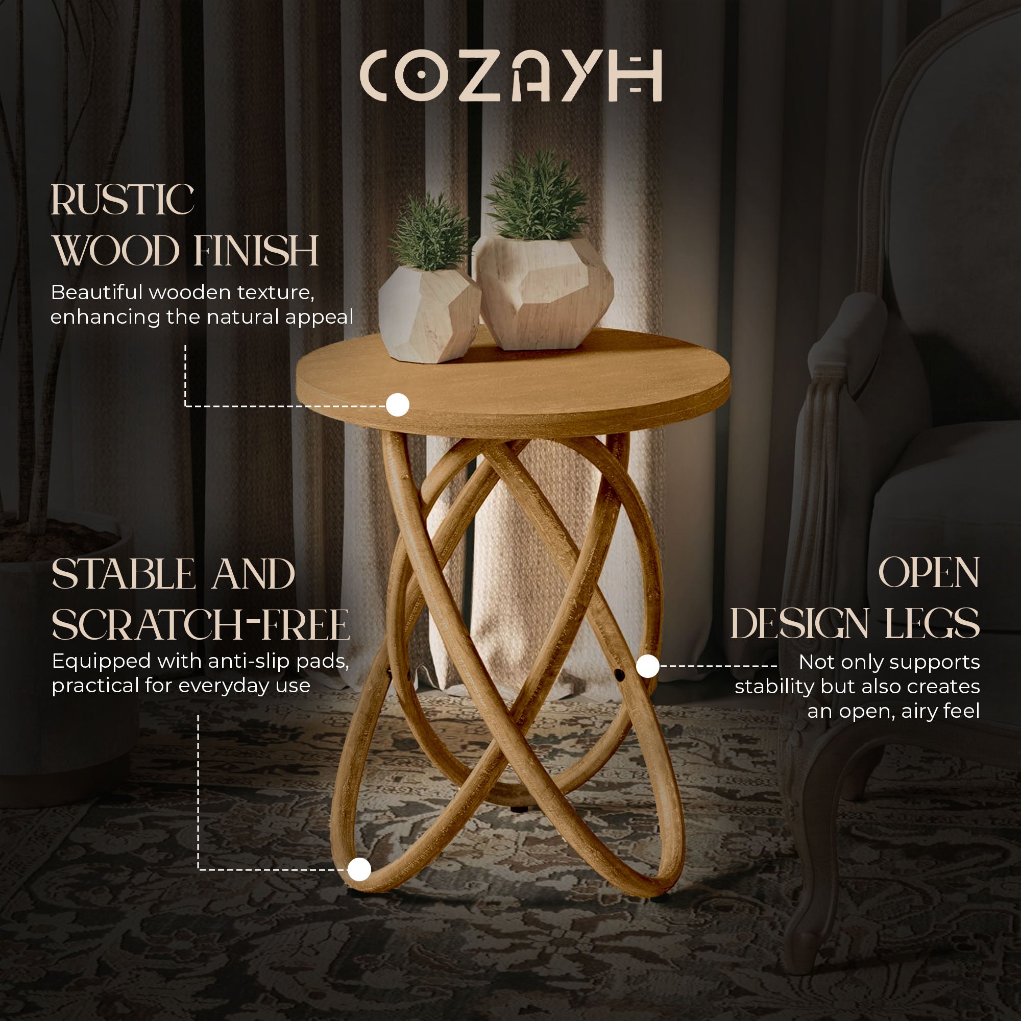 COZAYH Round End Table with Intertwined Base Design for Home Living Room, Walnut - VMInnovations