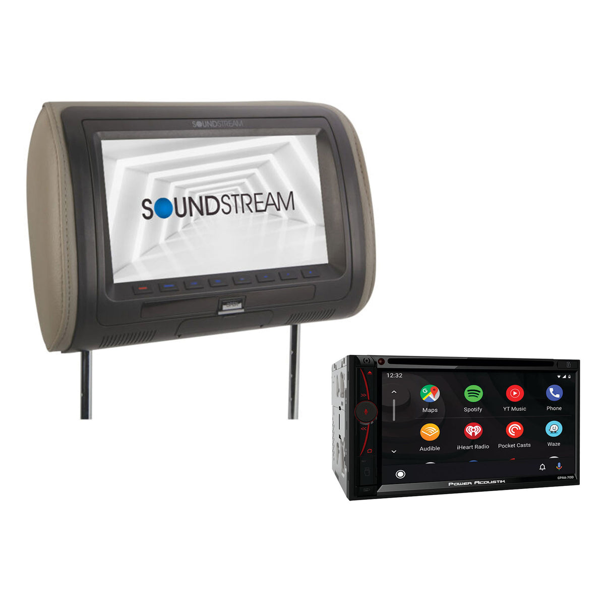 Soundstream Headrest with 9 In LCD Screen & Power Acoustik DVD Receiver, Black