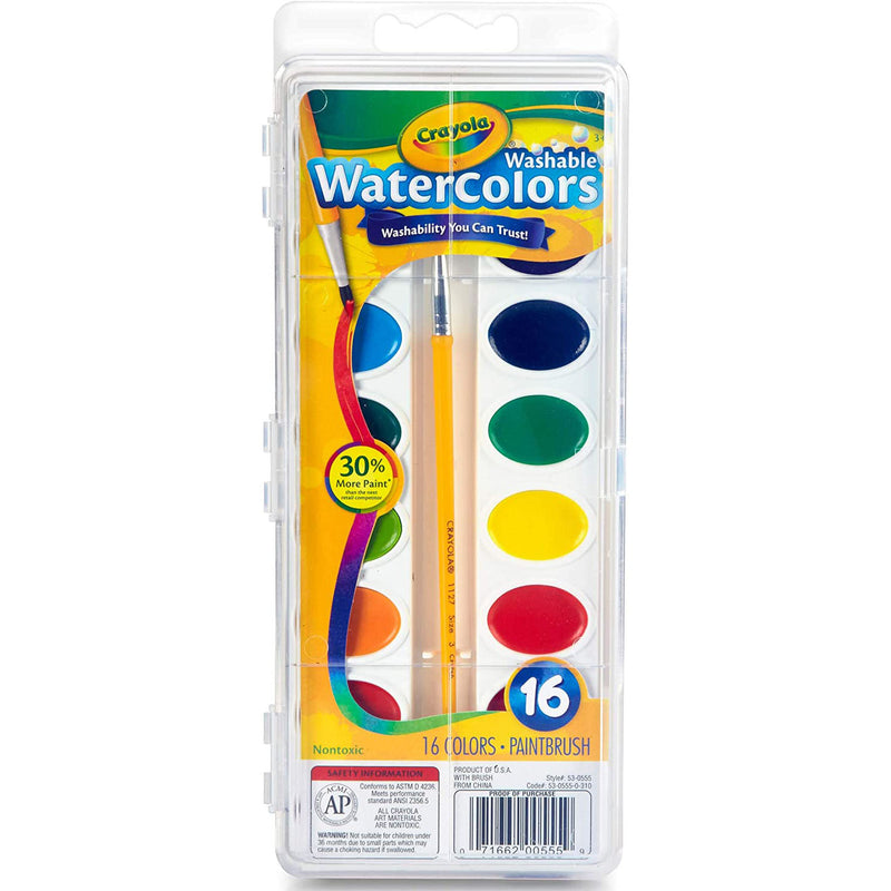 Crayola Washable Watercolor Paint Assorted Color Art Set w/ Paintbrush, 16 Count