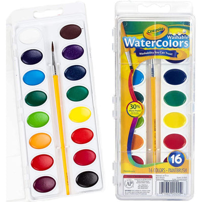 Crayola Washable Watercolor Paint Assorted Art Set w/ Paintbrush, 16 Count(Used)