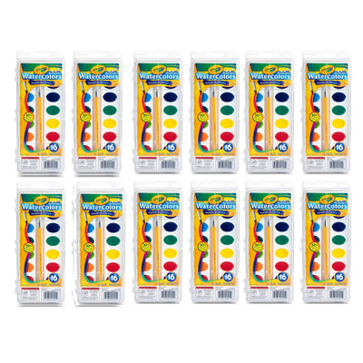 Crayola Washable Watercolor Paint 16 Color Art Set w/ Paintbrush (12 Pack)