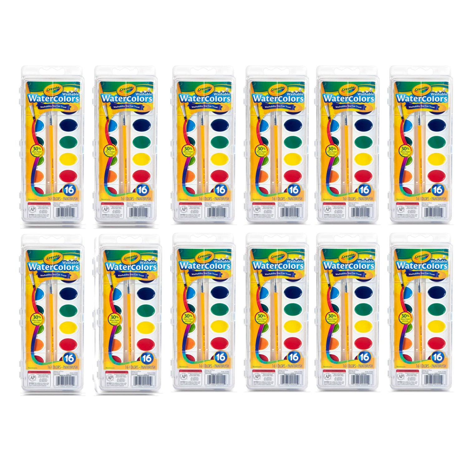 Crayola Washable Watercolor Paint 16 Color Art Set w/ Paintbrush (12 Pack) - VMInnovations
