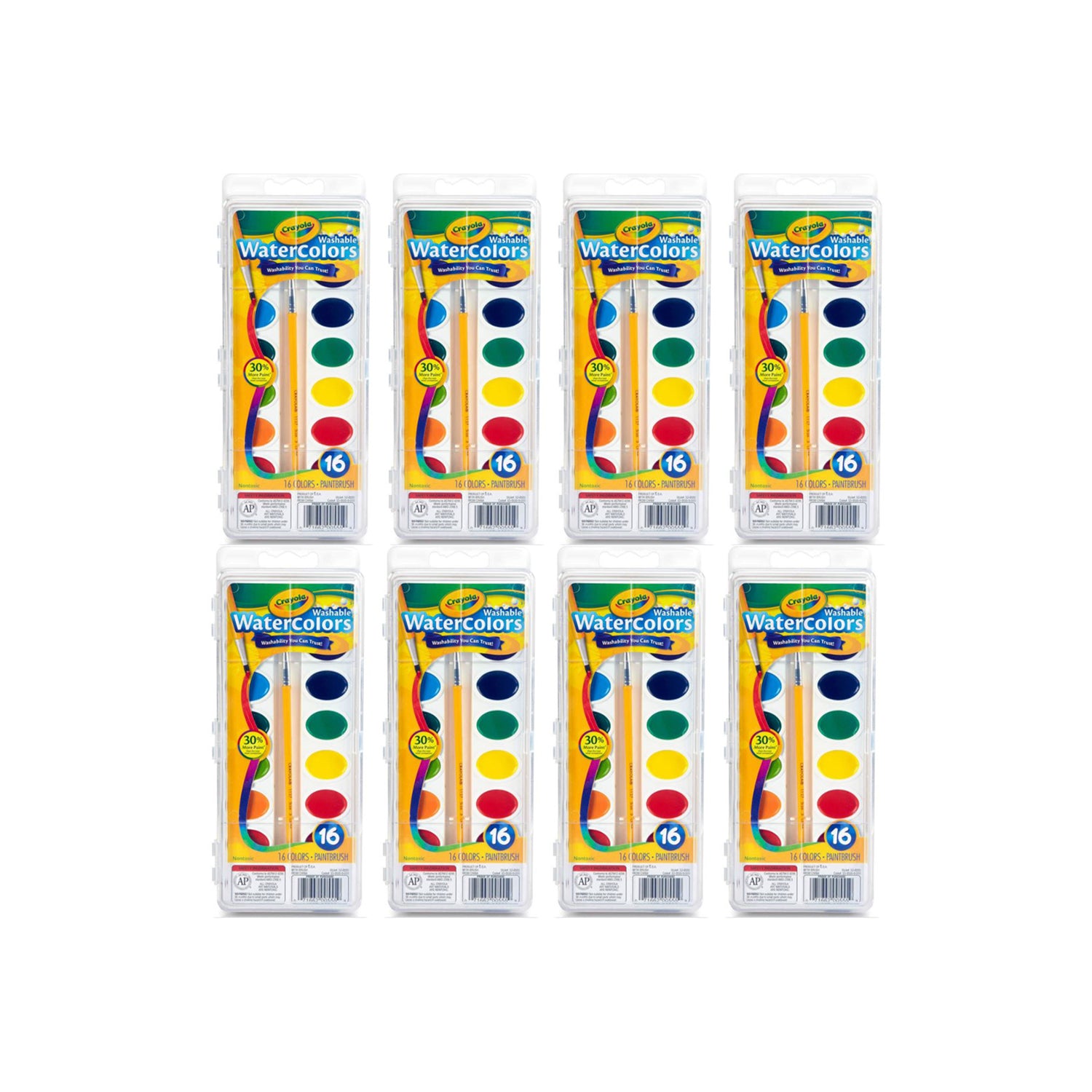 Crayola Washable Watercolor Paint 16 Color Art Set w/ Paintbrush (8 Pack) - VMInnovations