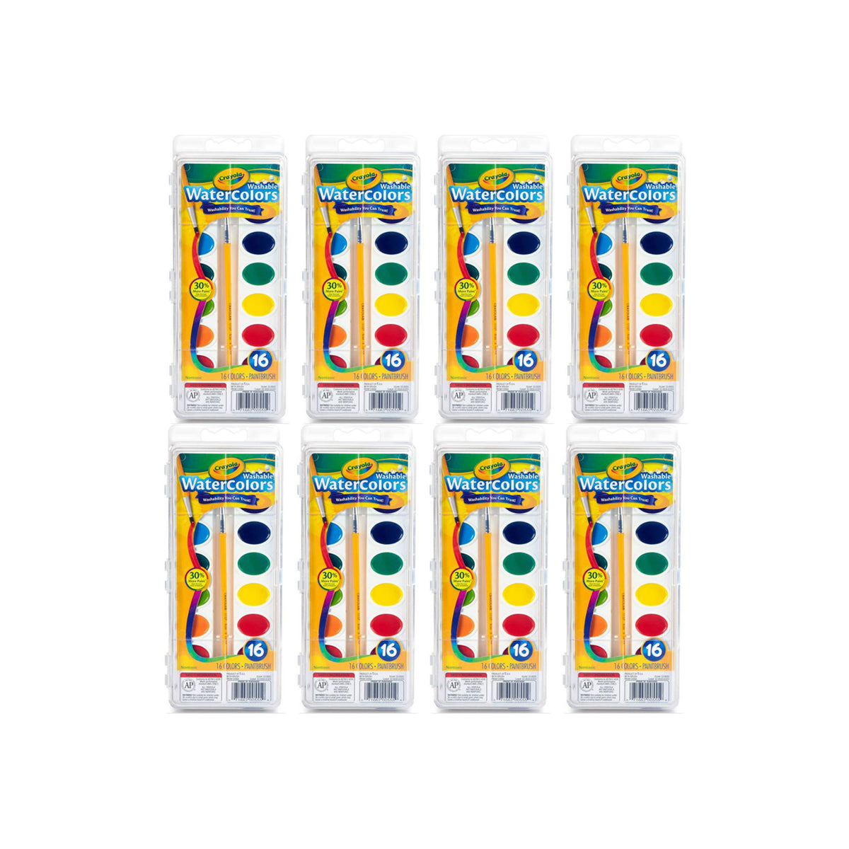 Crayola Washable Watercolor Paint 16 Color Art Set w/ Paintbrush (8 Pack)