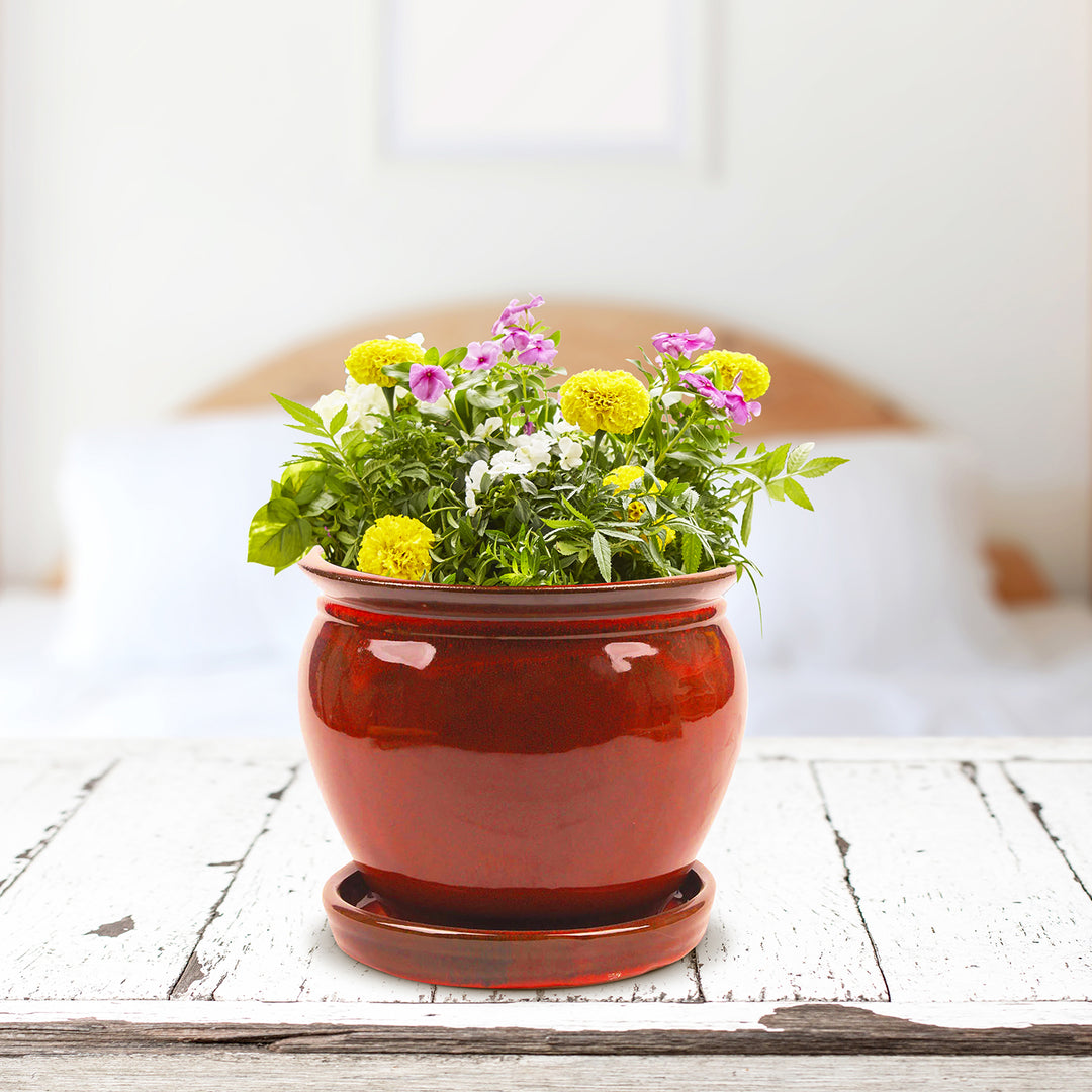 Southern Patio Wisteria 8 Inch Diameter Ceramic Planter Pot with Saucer, Red