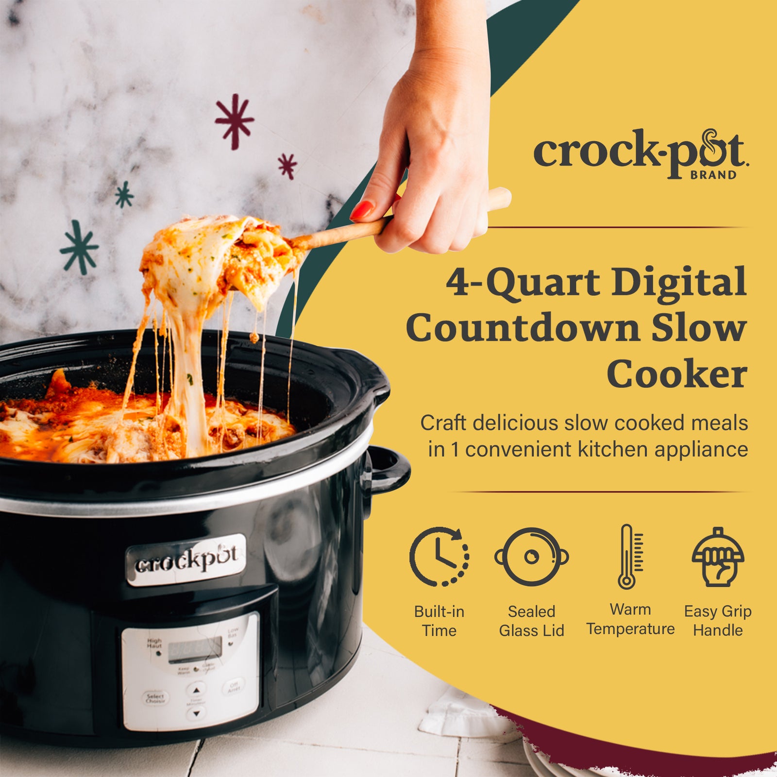 Crock-Pot 4 Quart Digital Count Down Food Slow Cooker Kitchen Appliance, Black - VMInnovations
