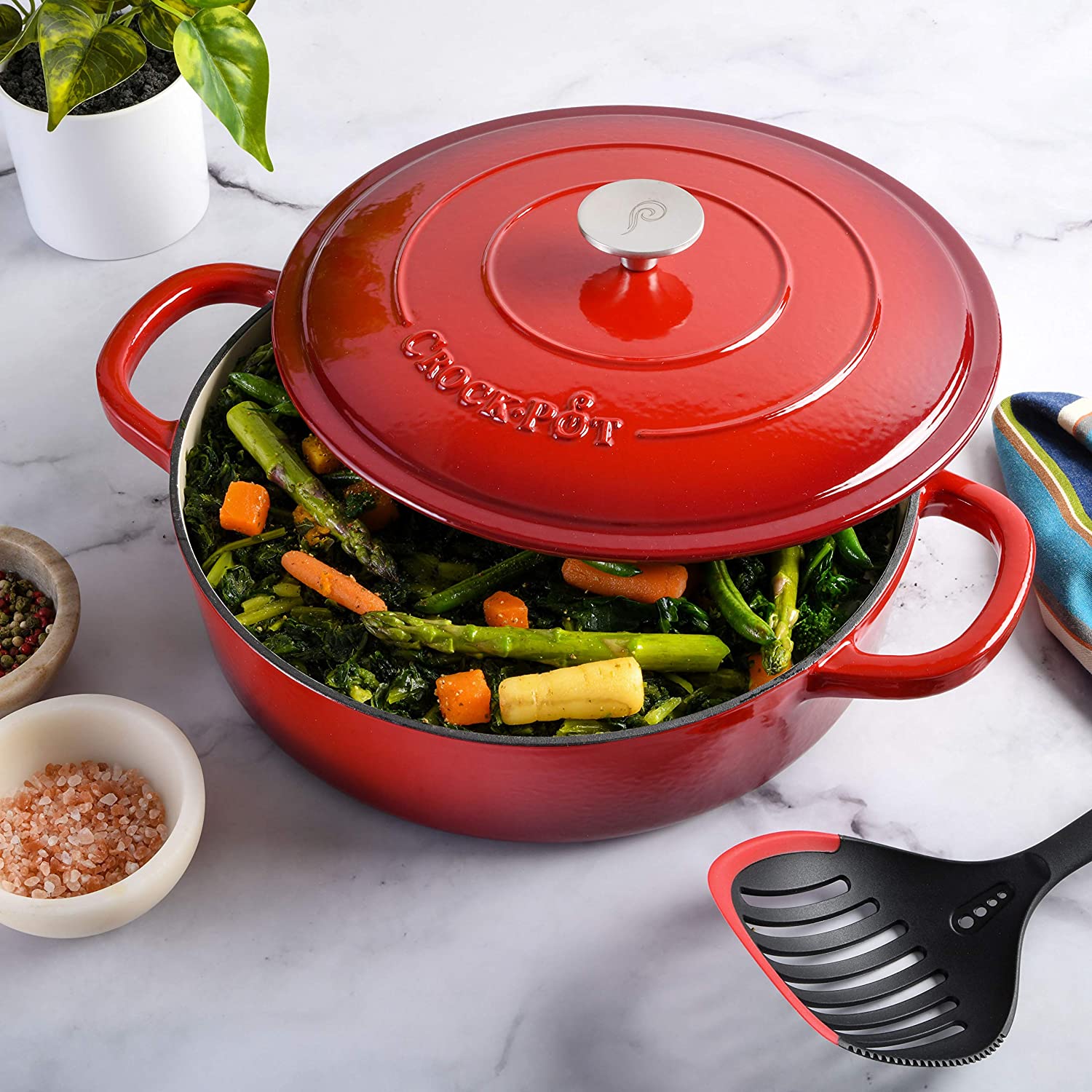 Crock-Pot 5 Qt Enamel Cast Iron Covered Dutch Oven Cooker, Scarlet Red(Open Box) - VMInnovations