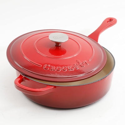 Crock-Pot Artisan 3.5 Quart Deep Cast Iron Cooking Saute Pan w/Lid, Red (Used)