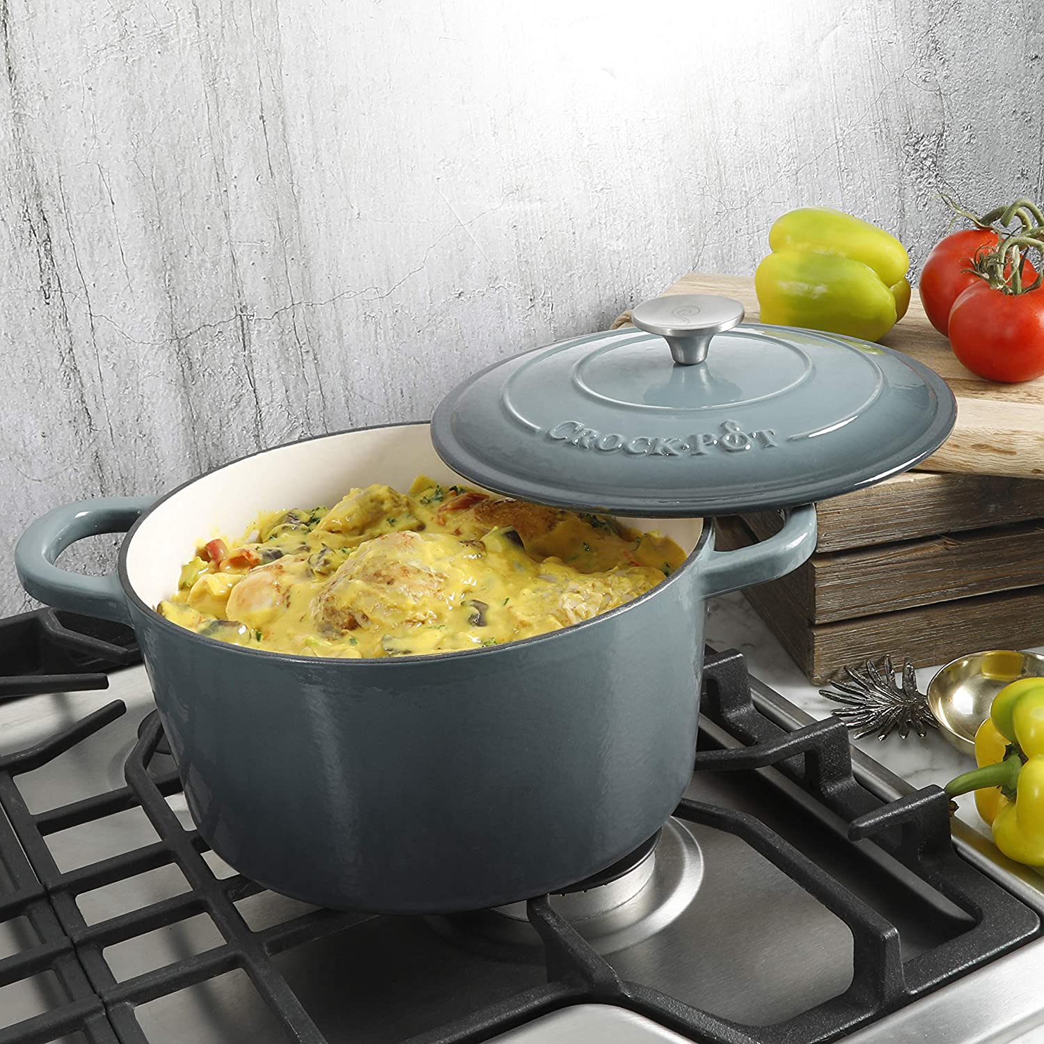 Crock-Pot 5 Quart Round Enamel Cast Iron Covered Dutch Oven Cooker, Slate Gray - VMInnovations