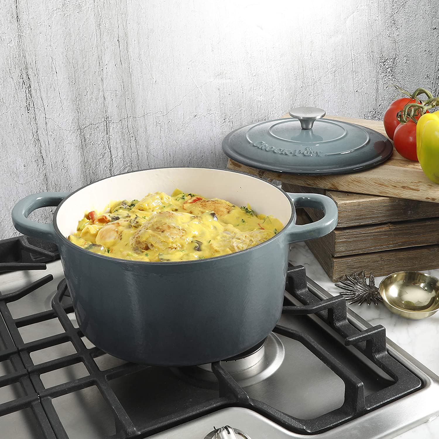 Crock-Pot 5 Quart Round Enamel Cast Iron Covered Dutch Oven Cooker, Slate Gray - VMInnovations