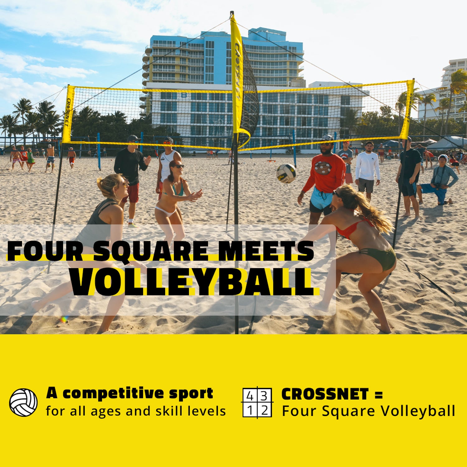 CROSSNET Four Square Volleyball Net and Game Set with Indoor 4 Pack Base Set