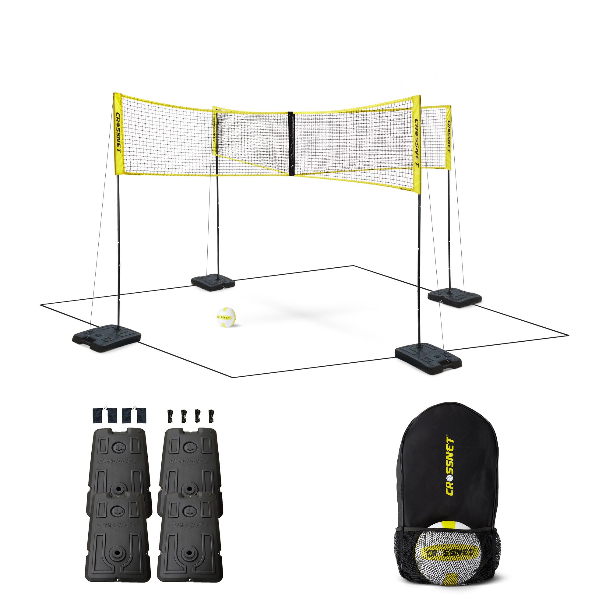 CROSSNET Four Square Volleyball Net and Game Set with Indoor 4 Pack Base Set