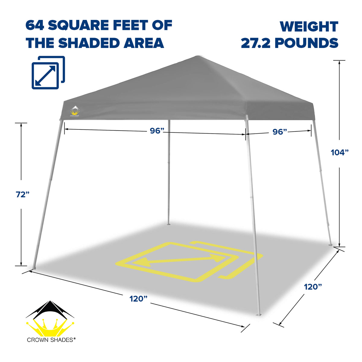 Crown Shades 10'x10' Base 8'x8' Top Pop Up Canopy w/Carry Bag, Gray (For Parts)
