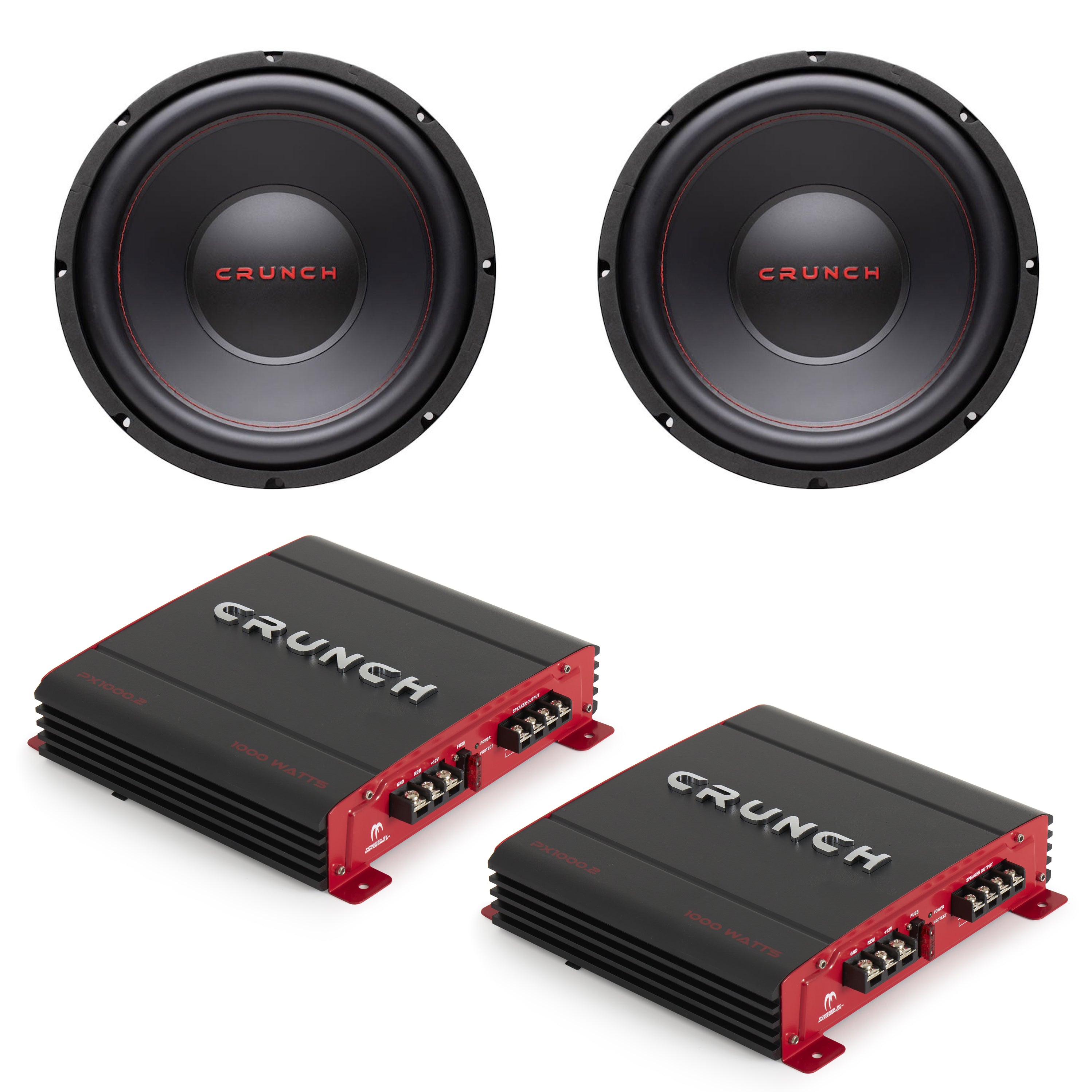 Crunch CRW12D4 12 Inch 800 Watt MAX 4 Ohm Dual Voice Coil Car Subwoofer Speaker (2 Pack)  + Crunch 2 Channel 1000 Watt Amp A/B Class Car Audio Stereo Amplifier | PX-1000.2 (2 Pack)