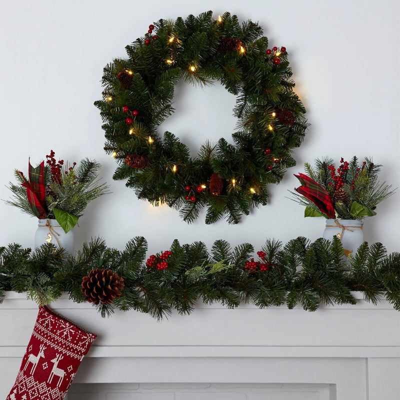 NOMA Carolina 24 Inch Pre Lit LED Indoor Outdoor Classic Pine Christmas Wreath - VMInnovations