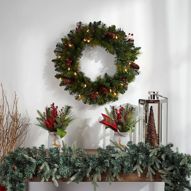 NOMA Carolina 24 Inch Pre Lit LED Indoor Outdoor Classic Pine Christmas Wreath - VMInnovations