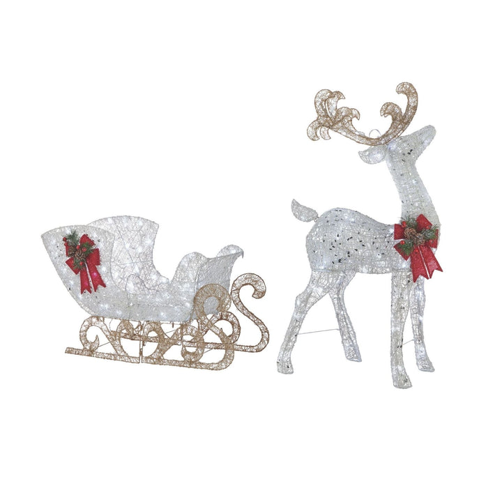 NOMA Pre Lit White LED Reindeer and Sleigh Holiday Lawn Decoration Set(Open Box)