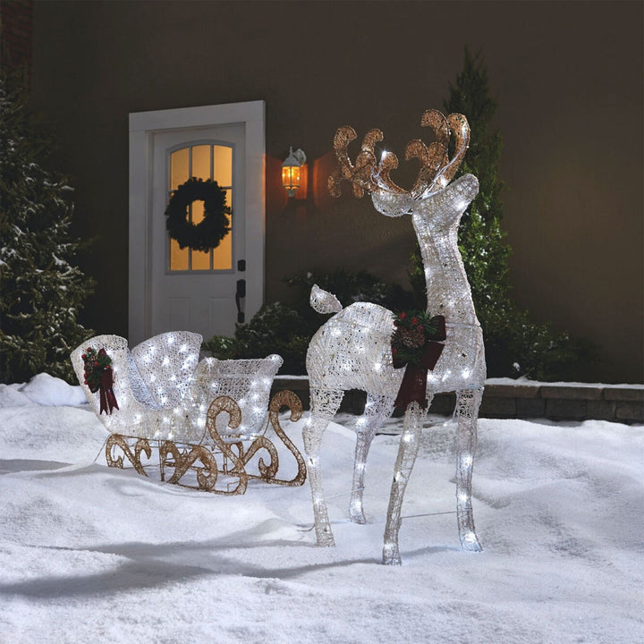 NOMA Pre Lit White LED Reindeer and Sleigh Holiday Lawn Decoration Set(Open Box)