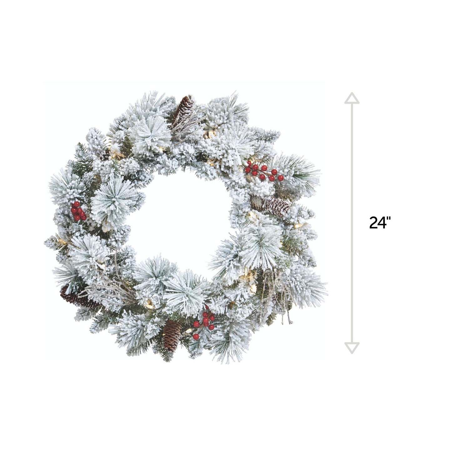 NOMA 24" Pre-Lit LED Flocked Berry Christmas Wreath with 35 Warm White Lights - VMInnovations