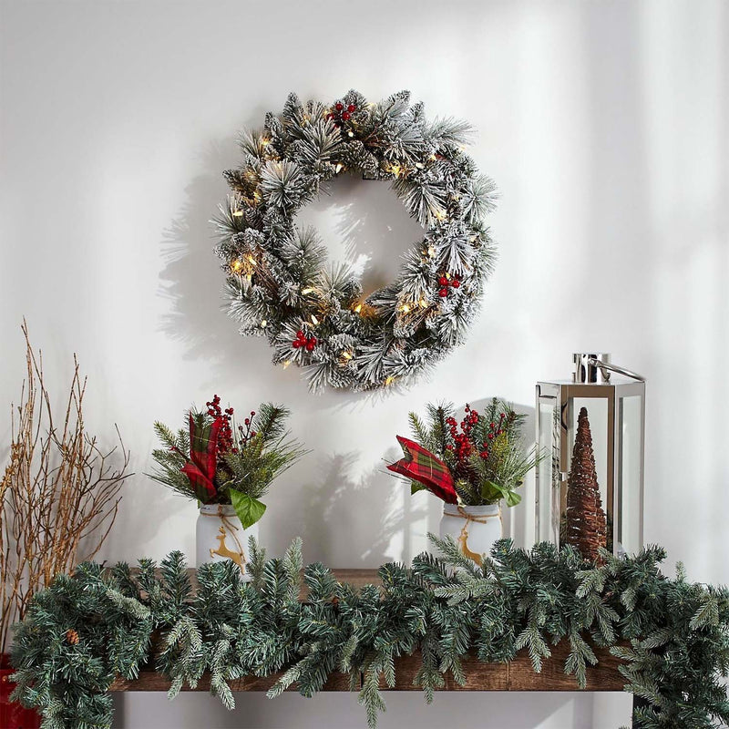 NOMA 24" Pre-Lit LED Flocked Berry Christmas Wreath with 35 Warm White Lights