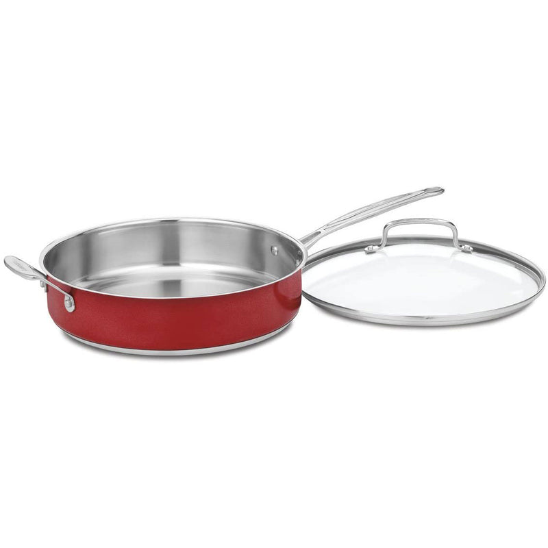 Cuisinart 5 Quart Stainless Steel Saute Pan Pot with Handle & Lid, Red(Open Box)