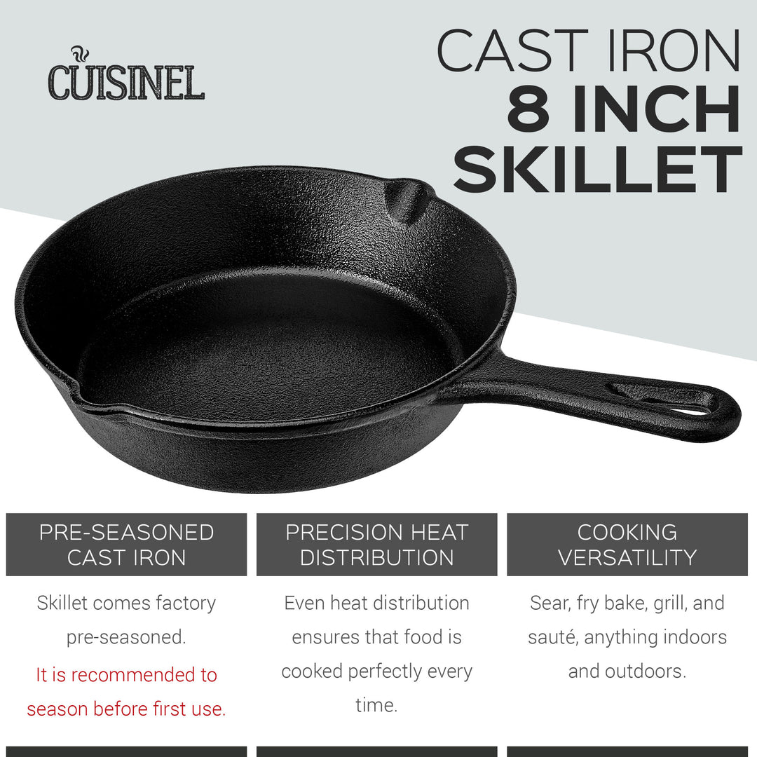 Cuisinel 8 Inch Pre Seasoned Cast Iron Skillet with Lid & Handle Cover(Open Box) - VMInnovations