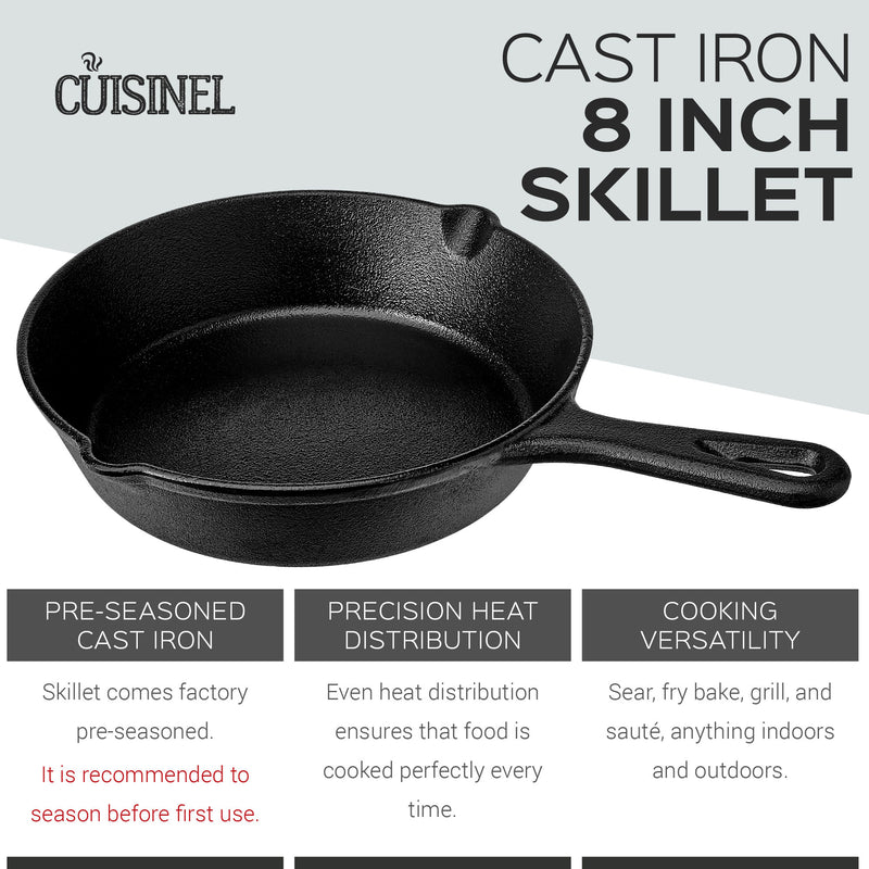 Cuisinel 8 Inch Cast Iron Skillet Cookware with Lid & Handle Cover (Used)