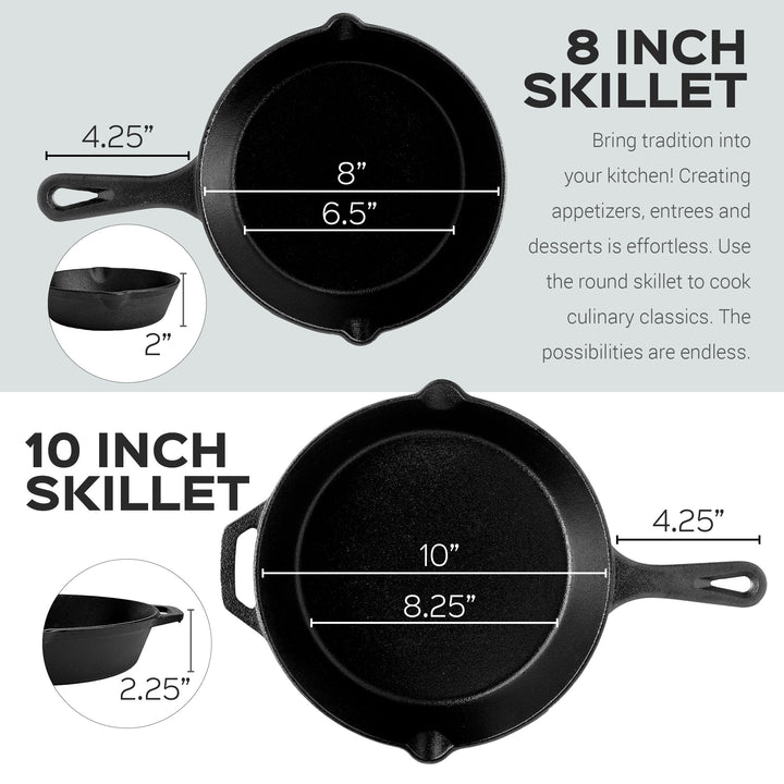 Cuisinel 8 & 10 Inch Pre Seasoned Cast Iron Skillet w/ Handle Cover (Open Box) - VMInnovations