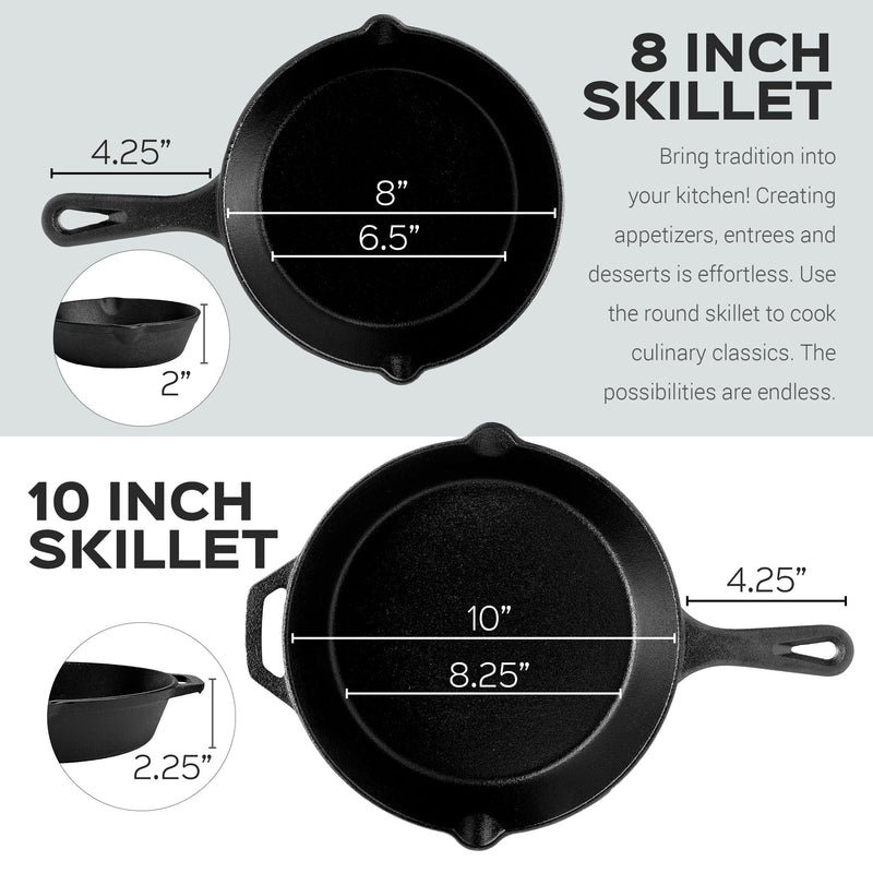 Cuisinel 8 & 10 Inch Pre Seasoned Cast Iron Skillet Set w/ Handle Cover (Used)