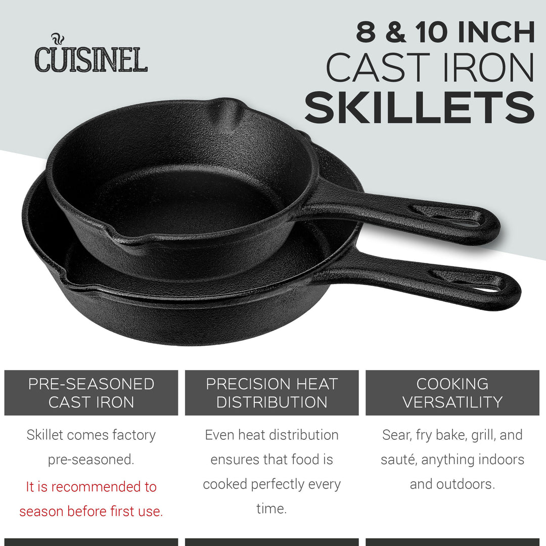 Cuisinel 8 & 10 Inch Pre Seasoned Cast Iron Skillet w/ Handle Cover (Open Box) - VMInnovations