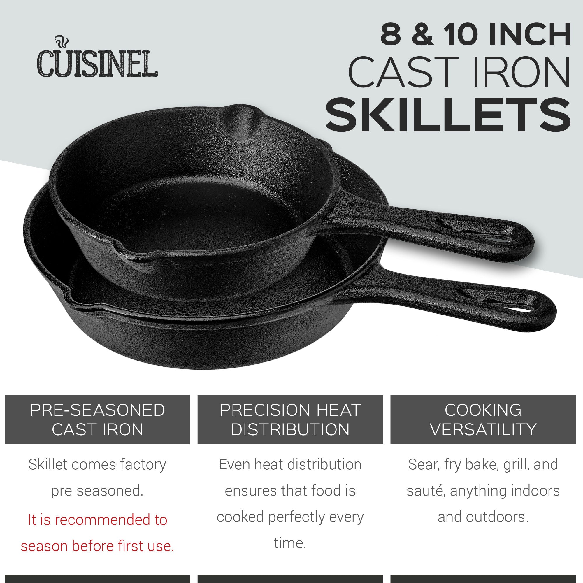 Cuisinel 8 & 10 Inch Pre Seasoned Cast Iron Skillet w/ Handle Cover (Open Box) - VMInnovations
