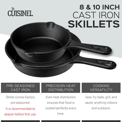 Cuisinel 8 & 10 Inch Pre Seasoned Cast Iron Skillet w/ Handle Cover (Open Box) - VMInnovations