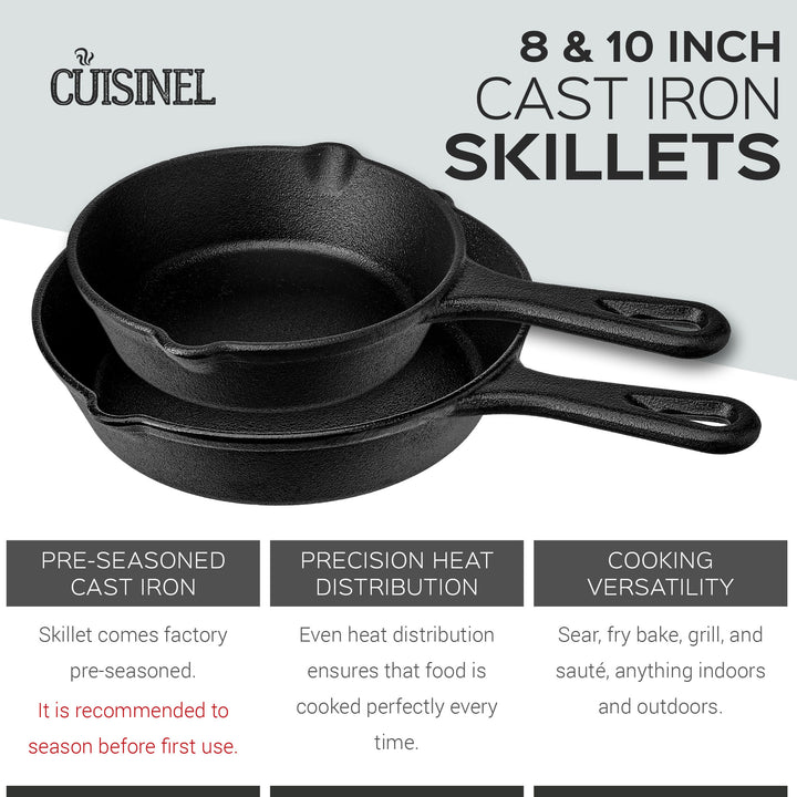 Cuisinel 8 & 10 Inch Pre Seasoned Cast Iron Skillet w/ Handle Cover (Open Box) - VMInnovations