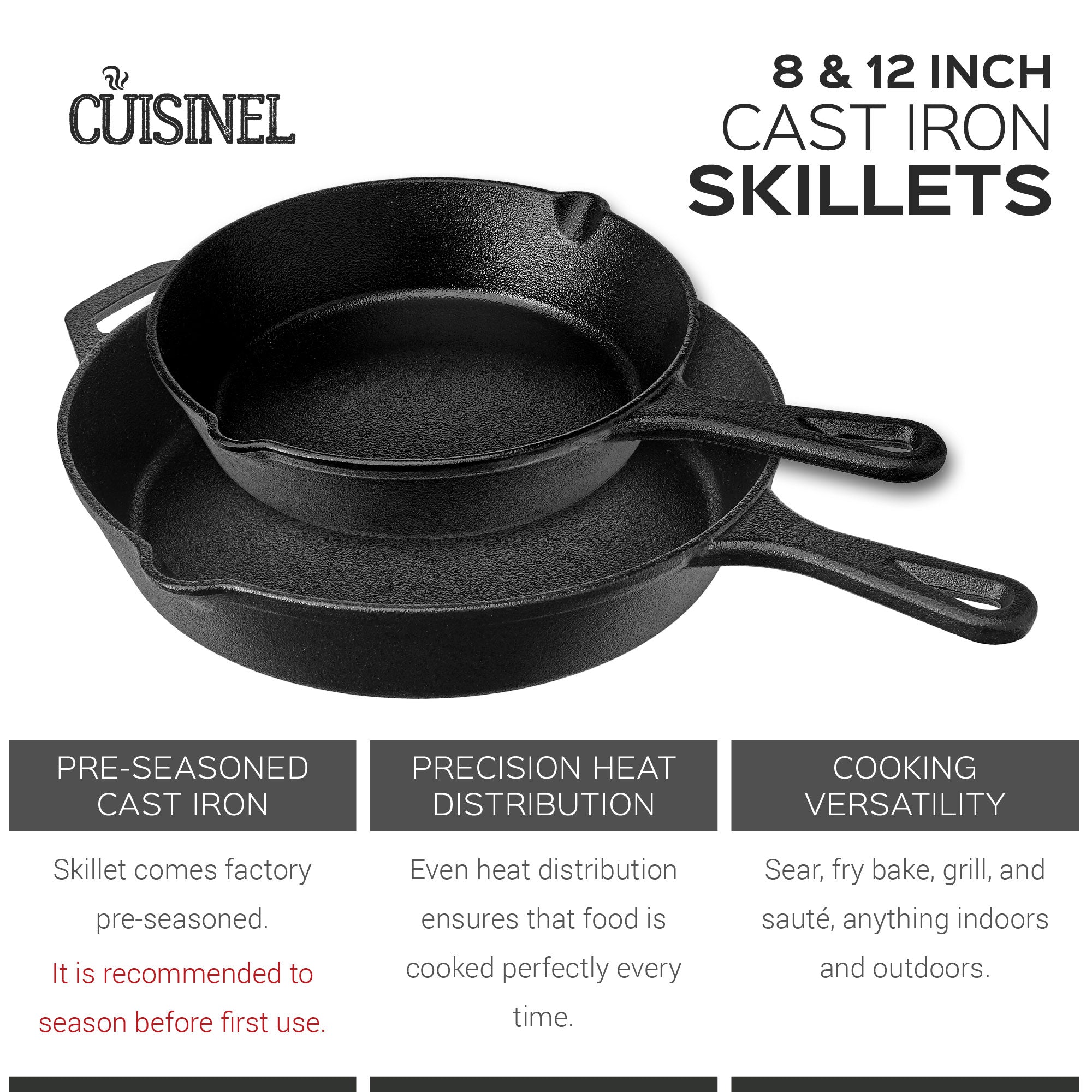 Cuisinel 8 & 12 Inch Pre Seasoned Cast Iron Skillet Set w/ Handle Cover (Used)