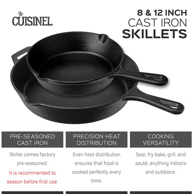 Cuisinel 8 & 12 Inch Pre Seasoned Cast Iron Skillet Set w/ Handle Cover (Used)