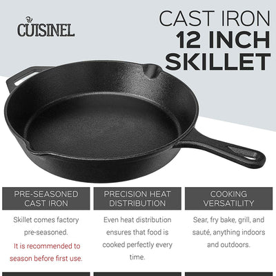 Cuisinel 12 Inch Pre Seasoned Cast Iron Skillet Pan with Handle Cover (Open Box) - VMInnovations