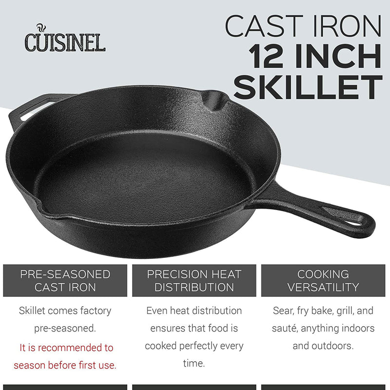 Cuisinel 12 Inch Pre Seasoned Cast Iron Skillet w/ Lid & Handle Cover (Open Box)