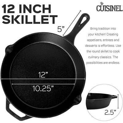 Cuisinel 12 Inch Cast Iron Skillet Cookware with Lid & Handle Cover (Used)