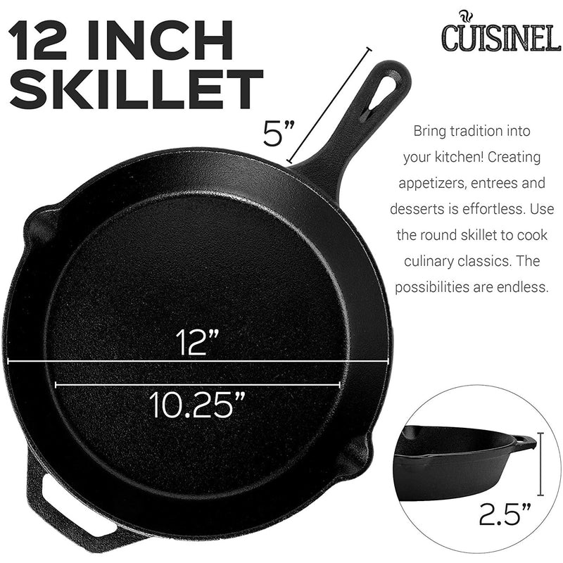 Cuisinel 12 Inch Pre Seasoned Cast Iron Skillet w/ Lid & Handle Cover (Open Box)