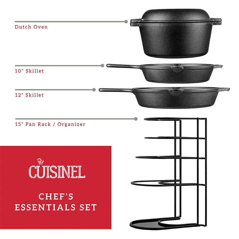 Cuisinel 5 Piece Essential Pre Seasoned Cast Iron Skillet Chef Cookware Set