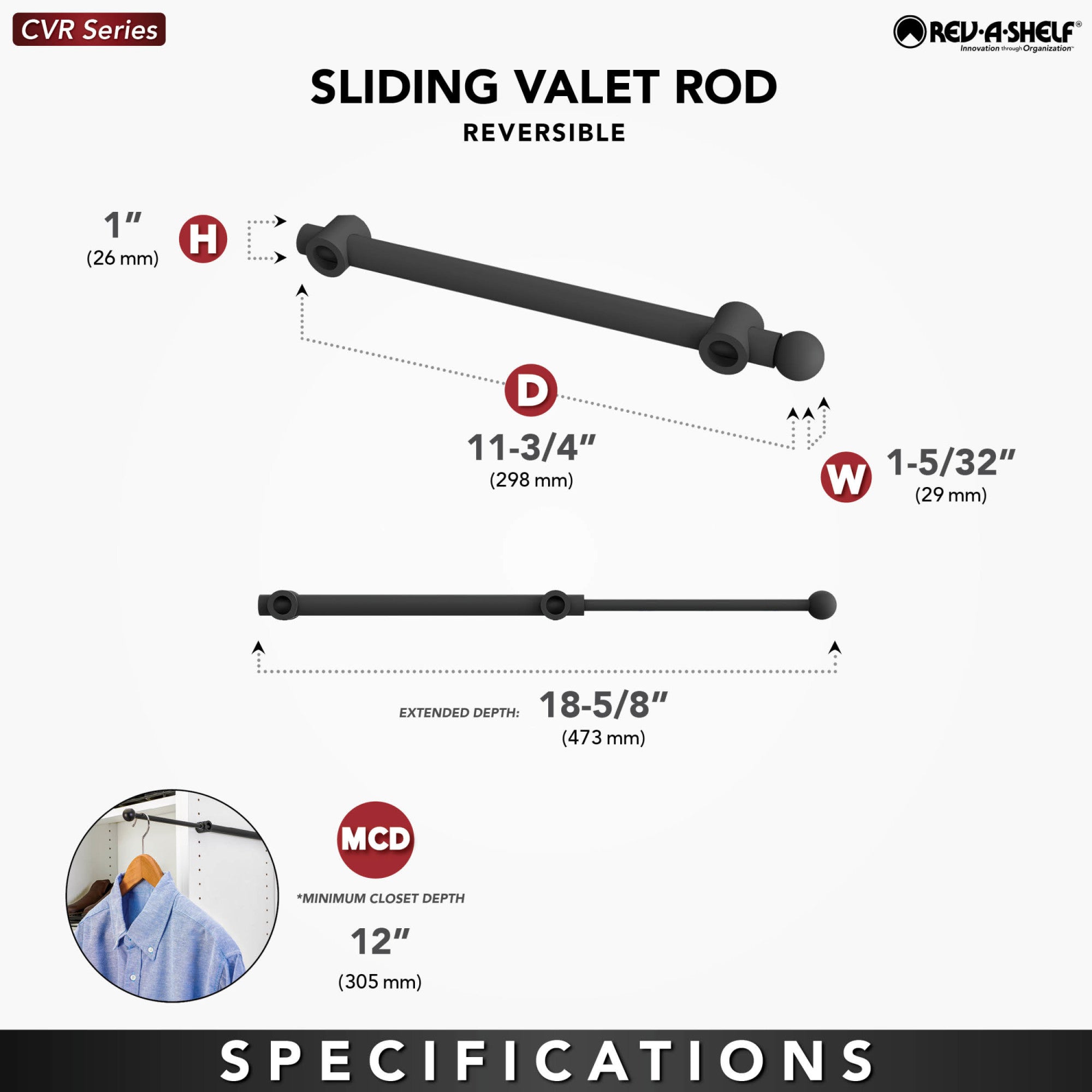 Rev-A-Shelf CVR-12-CR 12" Extendable Designer Closet Valet Rod, Chrome(Open Box)