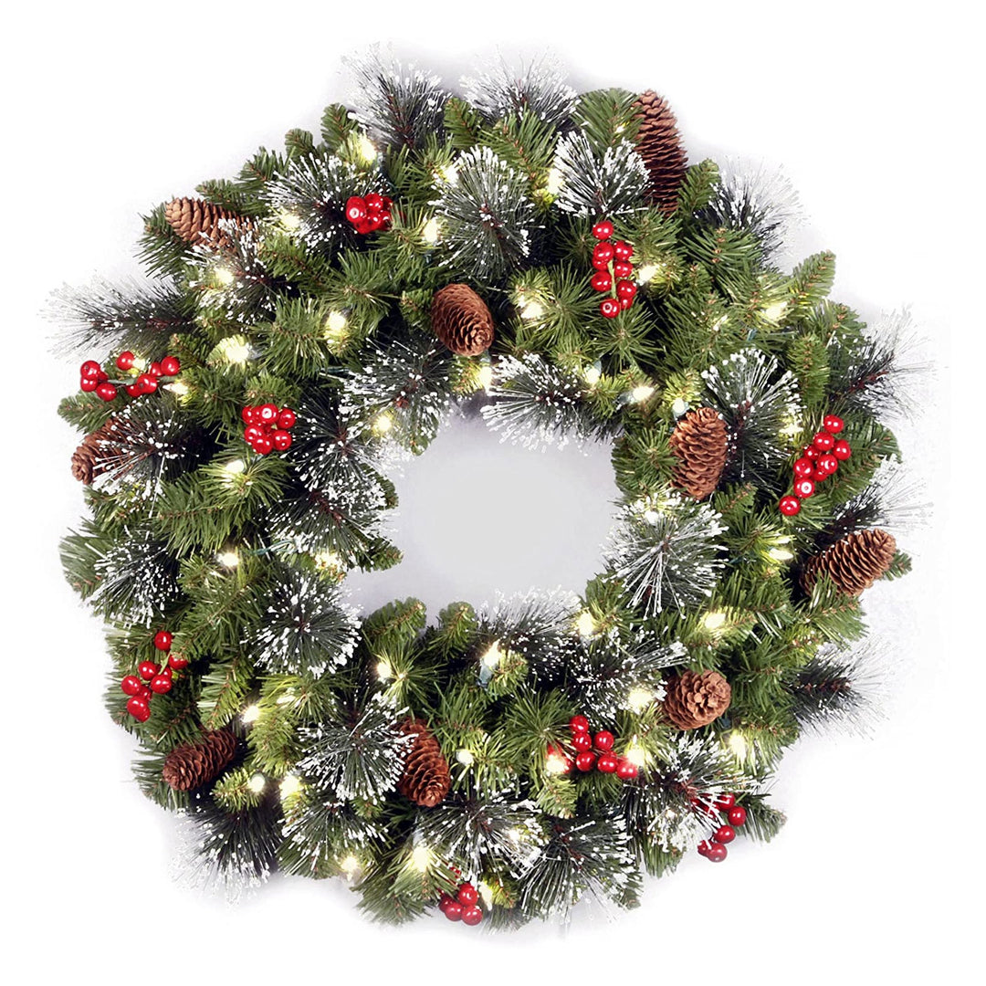 National Tree Company Crestwood Spruce 24 Inch Prelit Flocked Christmas Wreath