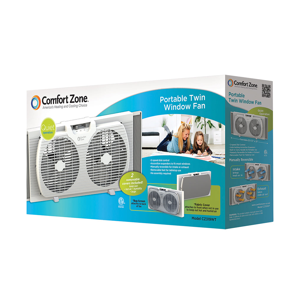 Comfort Zone 9 inch Portable Twin Window Fan Reversible Airflow Control (Used)