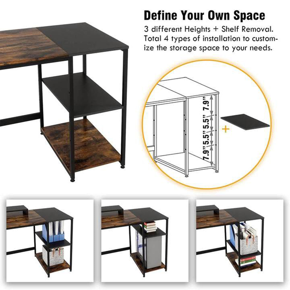 Nost & Host Computer Office Desk Workstation with Storage Shelves, Rustic Brown - VMInnovations