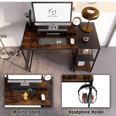Nost & Host Computer Office Desk Workstation with Storage Shelves, Rustic Brown - VMInnovations