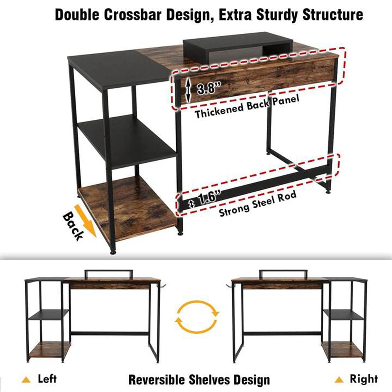 Nost & Host Office Desk Workstation with Storage Shelves, Rustic Brown(Open Box) - VMInnovations
