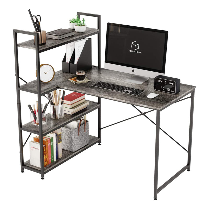 Nost & Host L Shaped Contemporary Home Office Computer Desk with Shelves, Gray